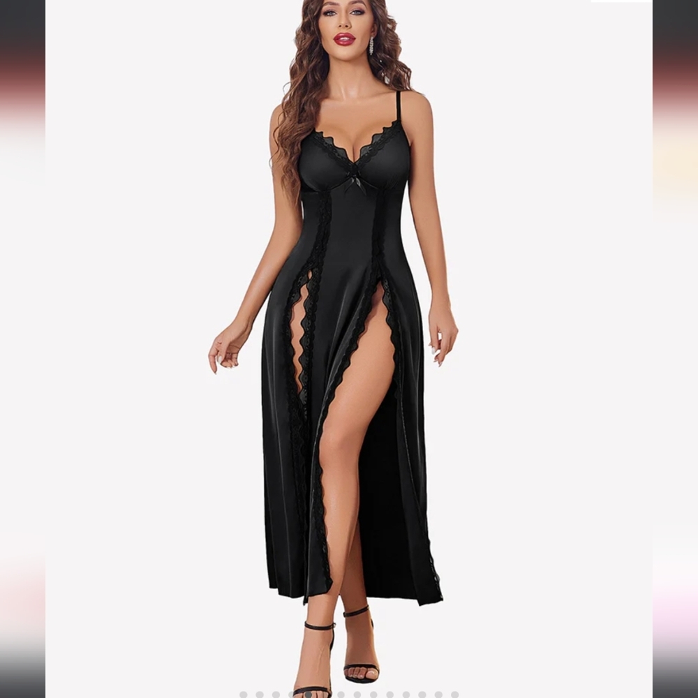 Avidlove 2 Pc Mesh & Lace V-neck Elegant Black Chemise Lingerie Thong NWT Small